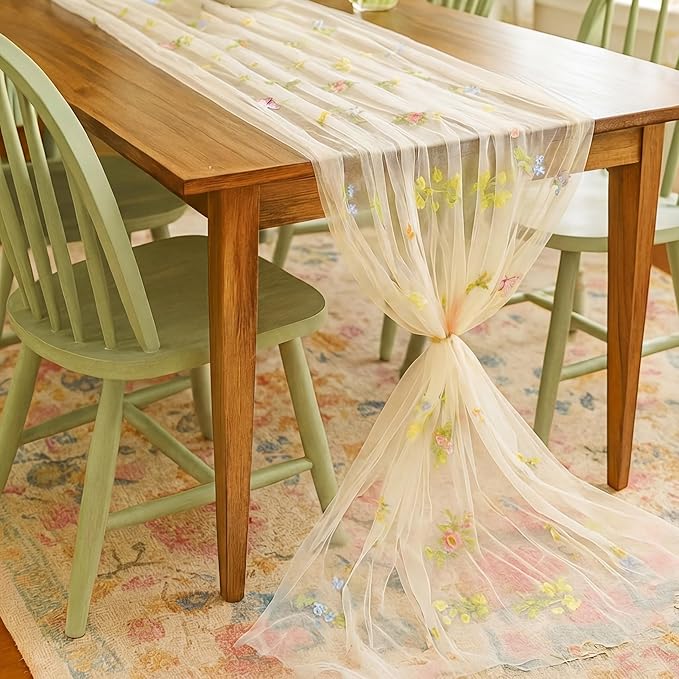 Lounsweer Apricot Wildflower Table Runner 10ft Embroidery Tulle Spring Floral Table Runner Seasonal Summer Butterfly Kitchen Dining Gauze Decoration for Wedding Baby Shower Birthday Party
