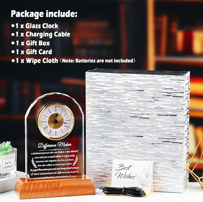 Difference Maker Glass Clock Gifts, Thank You Gift for Coworker Boss Mentor Leader Teachers Employee with Wooden Light Base, Crystal Difference Maker Plaque Appreciation Keepsake for Women Men