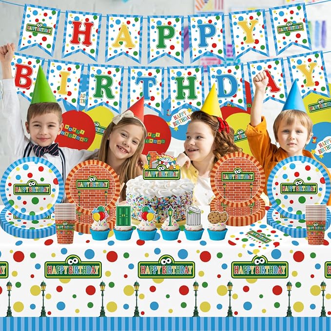 104pcs Birthday Party Decorations Cute Theme Tableware Set Include 9 Inches Plates, 7 Inches Plates, Happy Birthday Banner, Ballons, Napkins, Cups, Tablecloth, Cake Toppers and Cupcake Toppers