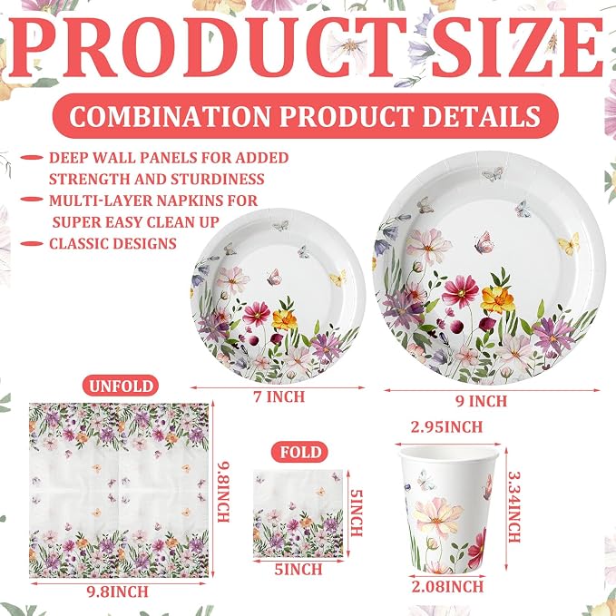 Hsei 250 Pcs Wildflower Party Decoration Baby Shower Disposable Tableware Sets Birthday Supplies Serves 50 Guests Disposable Plates Napkins and Cups for Baby Bridal Shower Birthday Party