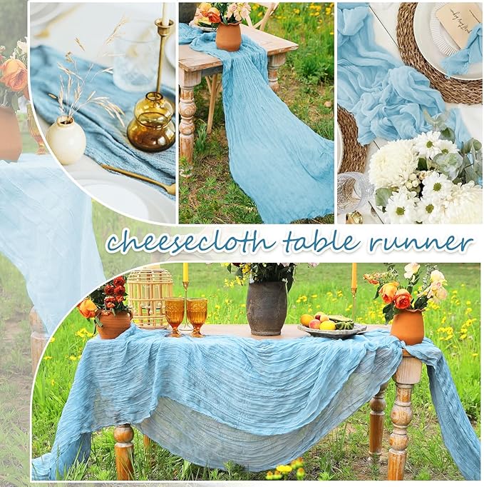 8 Pack Light Blue Cheesecloth Table Runner 10FT Long Boho Gauze Fabric Table Runner Vintage Rustic Sheer Runners for Wedding Party Bridal Baby Shower Table Decorations