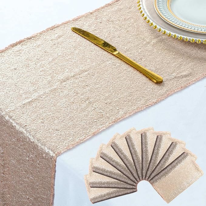 ShinyBeauty Champagne Table Runners Pack of 10 Wedding Decor Sequin Table Runner 12x108-Inch Champagne Blush Table Runner -0908S