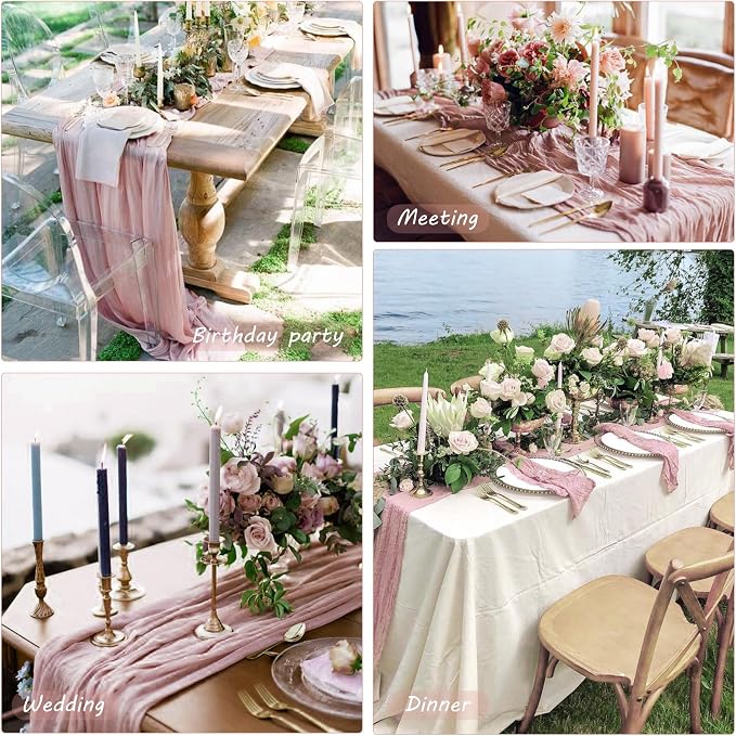 12 Pack Cheesecloth Table Runner 35x72 Inch Boho Gauze Rustic Cheese Cloth Long Romantic Table Runner for Wedding Bridal Shower Birthday Party Table Decor (Dusty Pink)