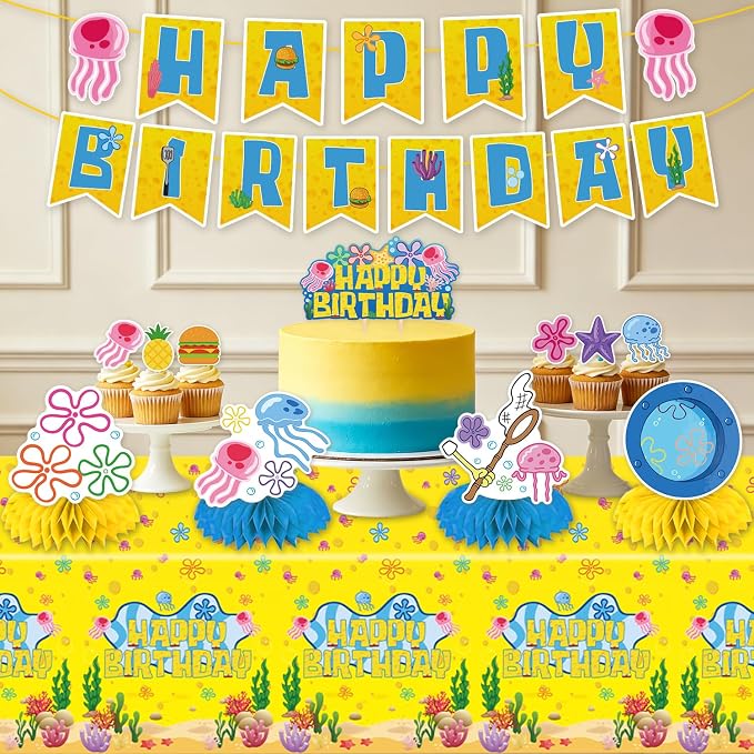 Ocean Themed Birthday Party Decorations 132pcs Under the Sea Birthday Supplies Include Banner Plates Napkins Cups Forks Tablecloths Balloons Cake Toppers and Honeycomb Centerpieces for Party Decor