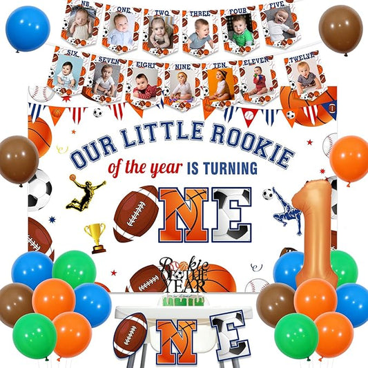 Sports Theme First Birthday Decorations Football Basketball Baseball First Birthday Decors with Our Little Rookie is Turning One Backdrop High Chair Banner Photo Banner Cake Topper for Boys