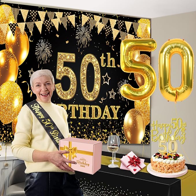 50th Birthday Decorations Men Women with 50th Birthday Banner, Black and Gold Table Cloth, Number Balloons, Large Sash, Cake Topper and Candles