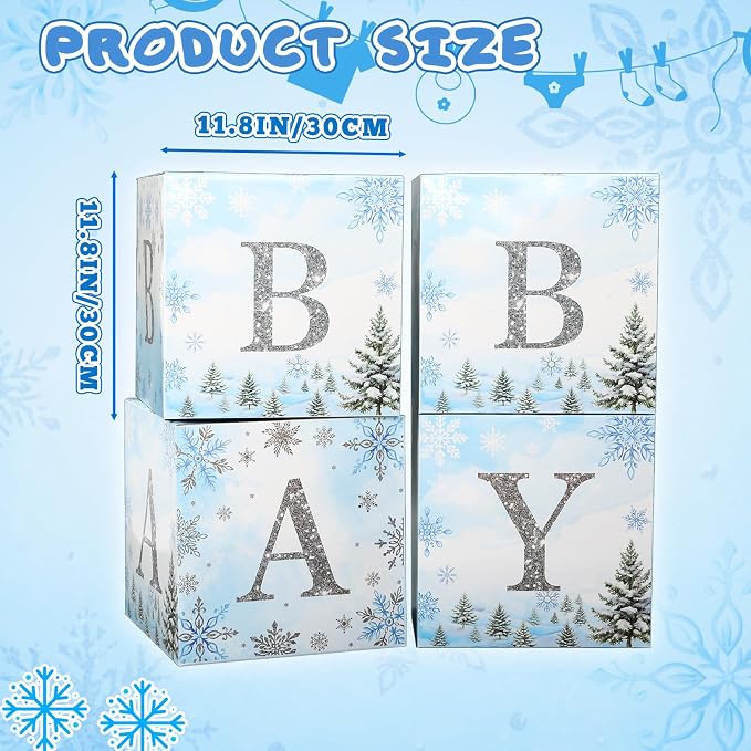 AmazingSpark 4 Pcs Winter Snowflake Blue Baby Shower Decoration Boxes with Letters Winter glitter Snowflake Wonderland Box Block Baby Shower Backdrop Centerpiece for Party