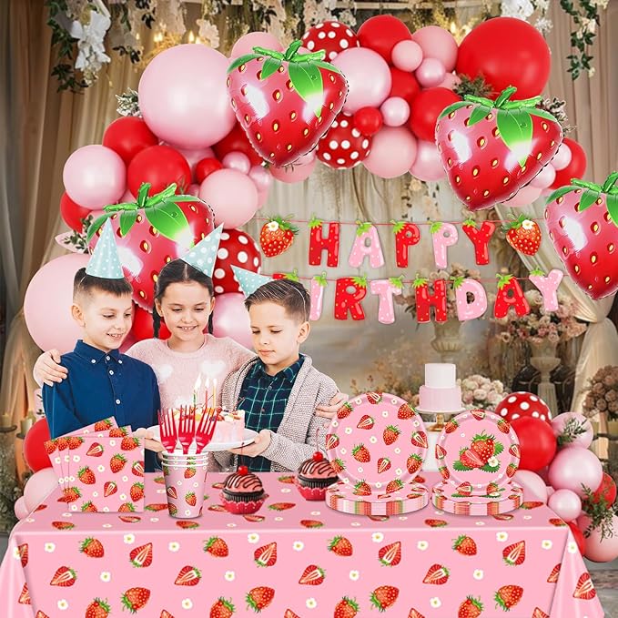 229Pcs Strawberry Birthday Party Decorations,Strawberry Party Supplies Balloon Arch,Strawberry Decor Tableware Set Plates Fork Cups Napkins and Tablecloth
