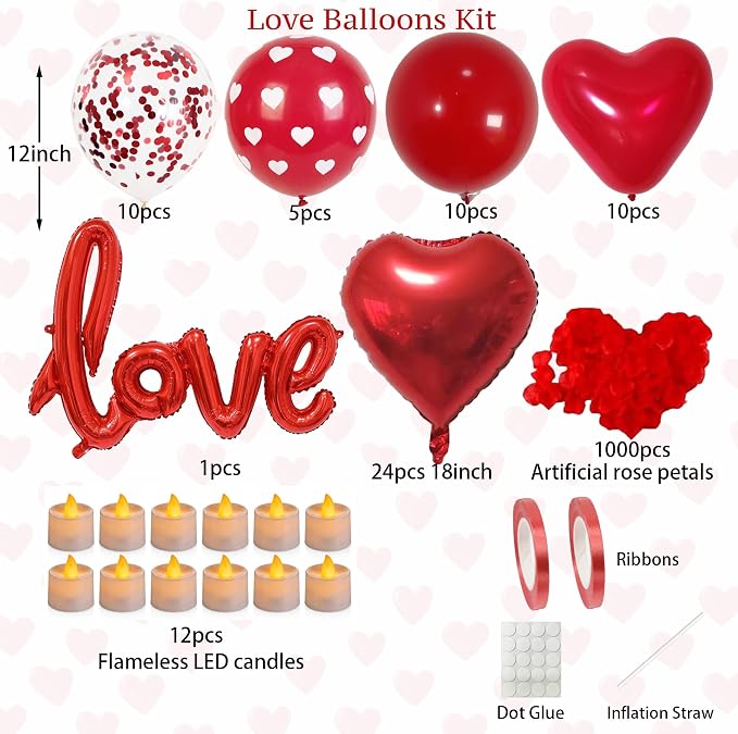 Valentine’s Day Decorations Set – Red Heart Balloon Kit with LOVE Foil, LED Candle Lights & Rose Petals, Romantic Room Decor for Proposal, Bedroom or Hotel