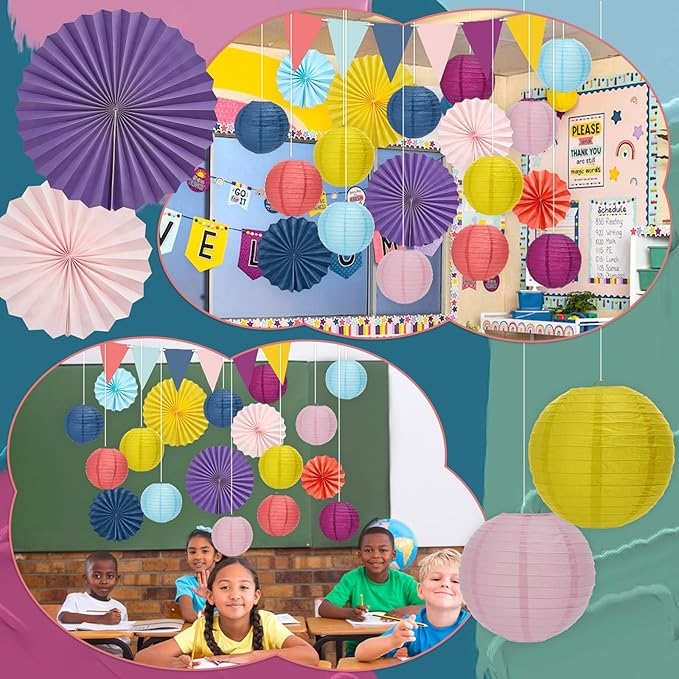 21Pcs Morandi Classroom Decor Morandi Hanging Paper Lanterns Paper Fans Triangle Flags Banners Set Round Lantern for Back to School Ceiling Supplies Home Indoor Birthday Party Ceremonial Event