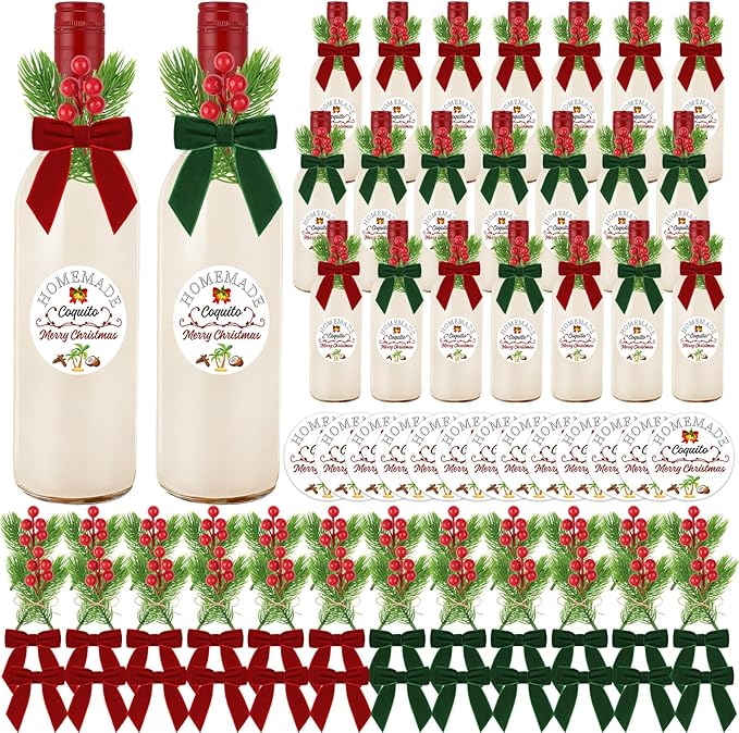 121 Pcs Christmas Coquito Wine Bottle Label Stickers Set,24Coquit Label Stickers 24 Velvet Bows 48 Pine Branches and Berry Stems for DIY Craft Xmas Party Dinner Table Decoration (No Wine Bottle)