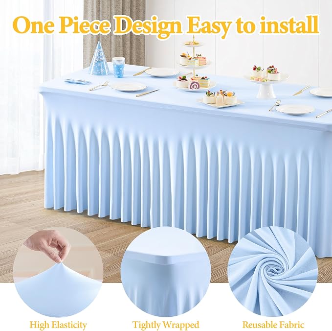 Shillance 2 Pack Baby Blue Spandex Table Clothes for 8 Foot Rectangle Tables, Wrinkle Free Fitted Tablecloths Stretch Ruffles Table Cover for Party, Banquet, Wedding and Events