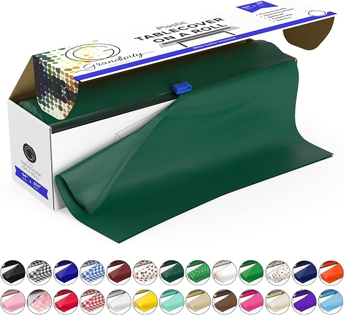 Grandipity Plastic Tablecloth Roll - 54in x 300 Ft. Dark Green Plastic Table Cloths for Parties Disposable with Cutter Box - Cut to Size Disposable Tablecloth Table Cover for Rectangle & Round