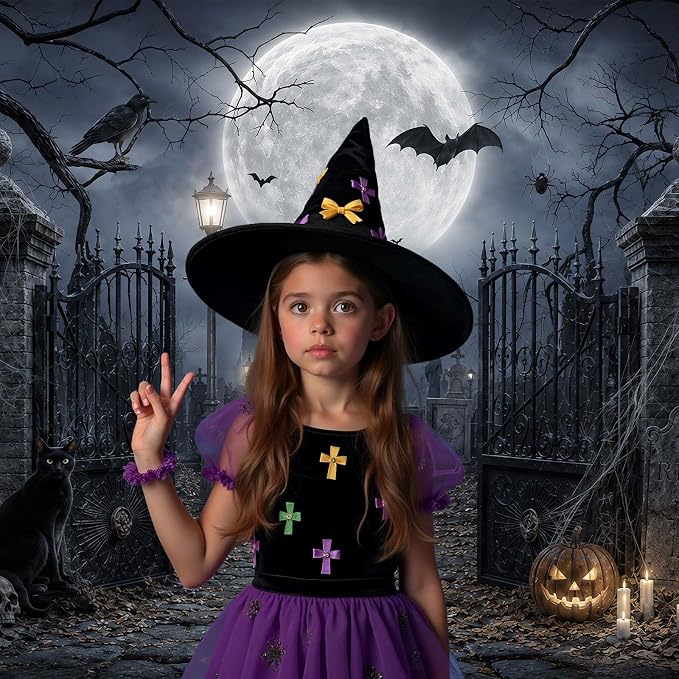6 x 4 ft Halloween Backdrop Spooky Graveyard Cemetery Full Moon Pumpkin Black Cat Skull Photography Background, Horror Fall Party Decor Photo Booth Props, Kids Birthday Studio Wall Decor Banner