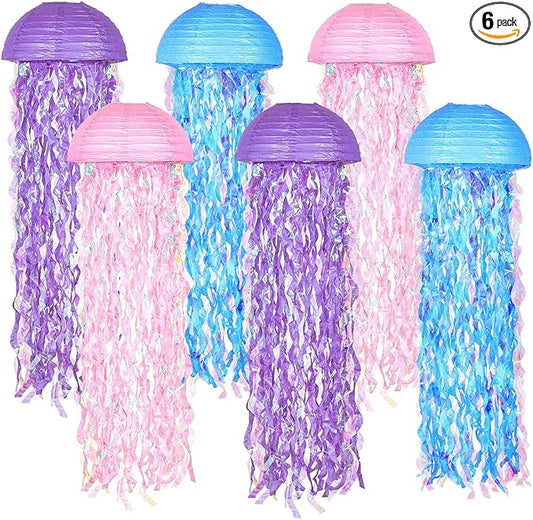OBXT 10" Mermaid Jellyfish Lanterns – Pink Purple Blue Decorations for Ocean Princess Birthday Party, Under the Sea Theme, Baby Shower, Ocean & Beach Room Hanging Decor (Set of 6)