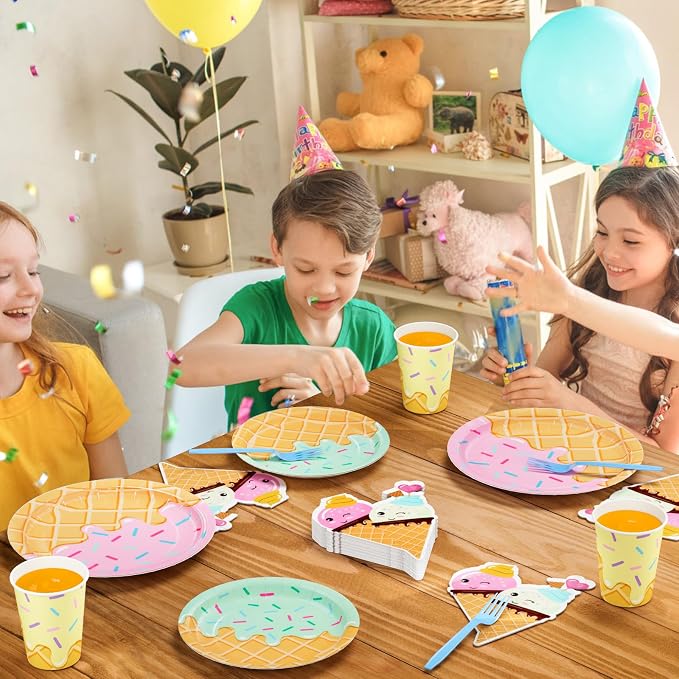 DYLIVeS 132 Pcs Ice Cream Birthday Party Supplies, Ice Cream Disposable Tableware Set Party Table Decorations for Girl, 9'' and 7'' Plates, Napkins, Cups, Forks, Banner, Serves 24