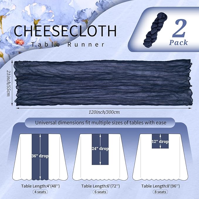 2 Pack Cheesecloth Table Runner 10FT Navy Blue Table Runner Boho Gauze Cheese Cloth Table Runners Long Rustic Sheer Table Decorations for Wedding Party Baby Bridal Shower Birthday Holiday Home