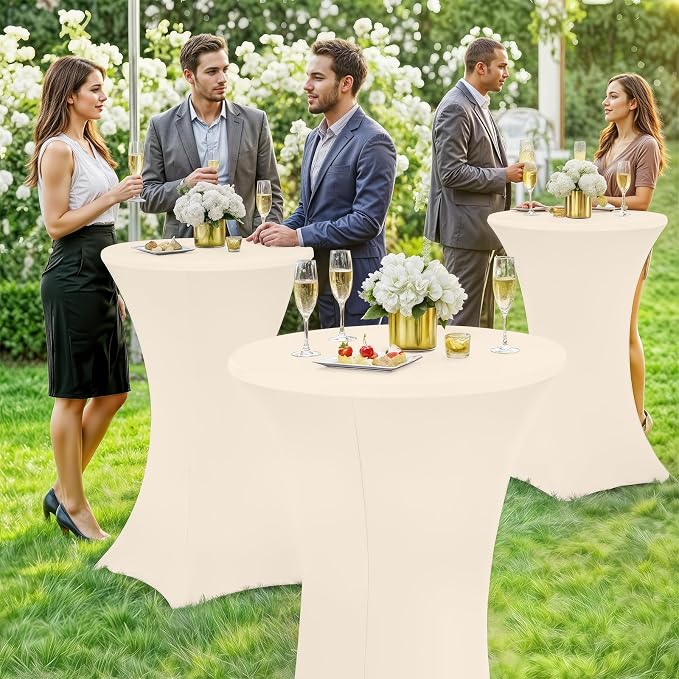 Moosfor Spandex Cocktail Table Covers 4 Pack, Elastic Fitted Stretch Table Cloth, Round High Top Tablecloths for Bar, Party, Pub, Wedding & Banquet (Beige, 32x43 Inch)