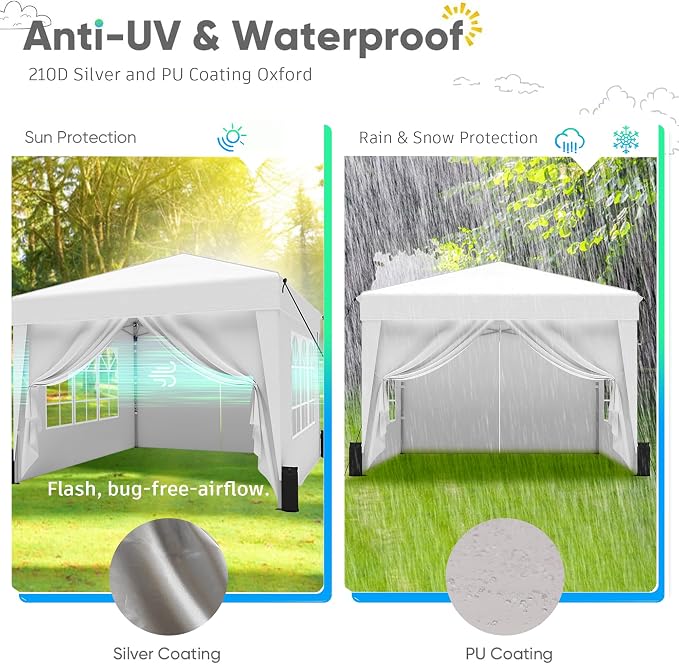 SANWAY 10x10 Pop Up Canopy with Sidewalls x 4 – Easy Setup Canopy Tent, Waterproof, UV-Resistant, Portable with Carry Bag for Outdoor Events, Camping, and Backyard Parties – White