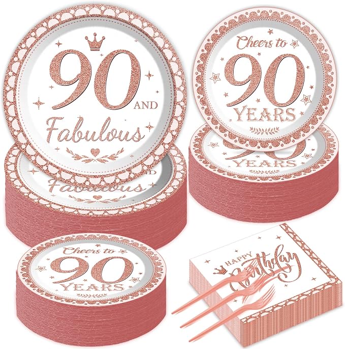 50 Guests 90th Birthday Decorations for Women, Rose Gold 90th Birthday Plates and Napkins Party Supplies 90th Year Fabulous Birthday Disposable Paper Tableware Cheers to 90 Years Dinnerware 200PCS