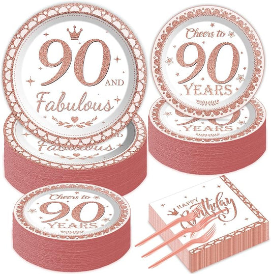 50 Guests 90th Birthday Decorations for Women, Rose Gold 90th Birthday Plates and Napkins Party Supplies 90th Year Fabulous Birthday Disposable Paper Tableware Cheers to 90 Years Dinnerware 200PCS