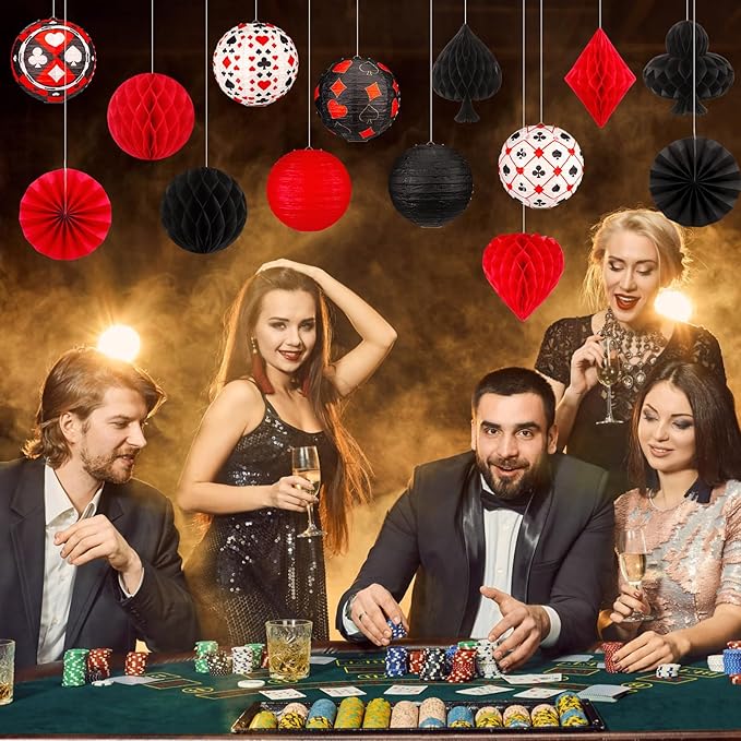 Baquler 18 Pcs Casino Party Decoration 3D Poker Hanging Paper Lantern Red and Black Fans Honeycomb Ball for Las Vegas Game Casino Night Birthday Party Ceiling Decor Supplies