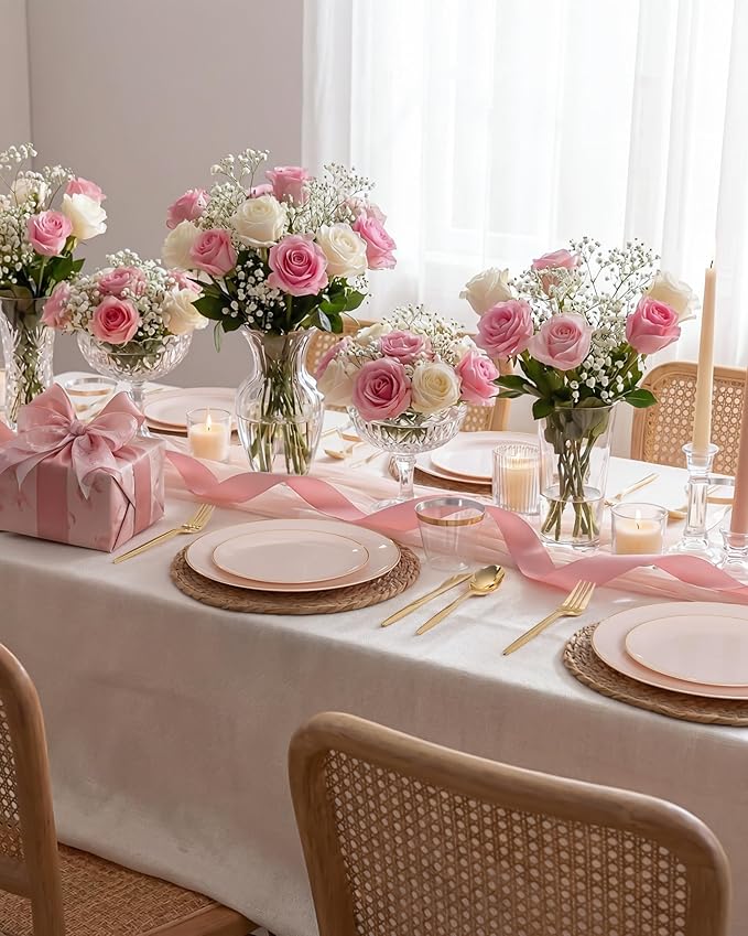 bUCLA 150PCS Pink Plastic Plates - Pink and Gold Disposable Include 25 Each (Dinner & Dessert) Plates, 25 Knives, 25 Forks, 25 Spoons and 25 Cups, Ideal for Party, Wedding & Mother's Day