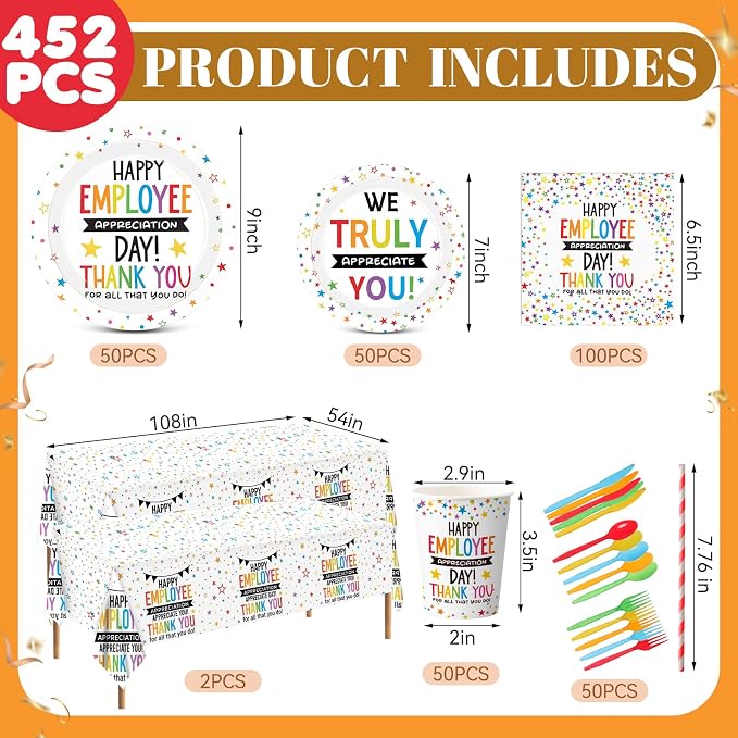LemonRoad 452 Pcs Employee Appreciation Decoration for 50, Employee Teacher Appreciation Paper Plates Napkins Cups Tablecloth Set for Administrative Professional Day Thank You Staff Nurse Party Supply