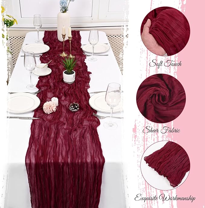 15 Pack Burgundy Cheesecloth Table Runner 17 x 108 Inch Fall Thanksgiving Boho Rustic Farmhouse Gauze Cheese Cloth Runner for Wedding Party Baby Shower Home Decor Holiday Decorations