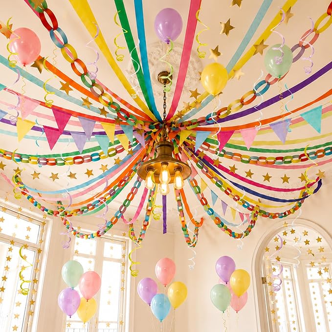 345pcs Colorful Birthday Decoration Fancy Paper Chains Crepe Paper Streamers Pennant Banner Flags Gold Star Garlands Hanging Swirls Pastel Balloons for Wedding Graduation Birthday Baby Shower Decors