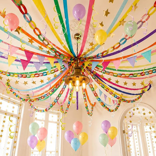 345pcs Colorful Birthday Decoration Fancy Paper Chains Crepe Paper Streamers Pennant Banner Flags Gold Star Garlands Hanging Swirls Pastel Balloons for Wedding Graduation Birthday Baby Shower Decors