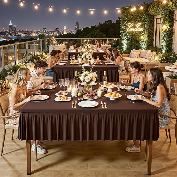 Wish Care Chocolate Spandex Tablecloths for 54x54 Inch Square Tables, Stretch Fitted Table Clothes with Pleated Ruffle Skirt for 54” Table, Wrinkle Free and Elastic, for Party Kitchen Home Dining