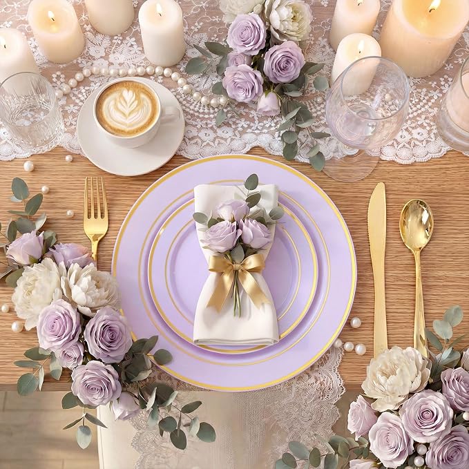 WDF Partyware 175PCS Purple Plates Disposable - Lavender Plastic Plates 25Guests Plastic Dinnerware with Rolled Napkins for Birthday/Spring/Baby Shower/Birthday