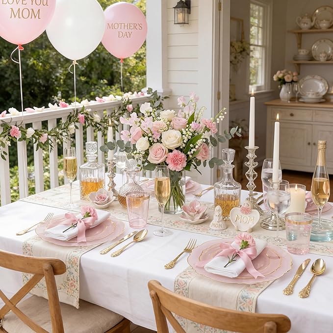 KIRE 210Pcs Clear Pink Plastic Plates with Gold Rim - Disposable Pink Plates for Party - 30 for Dinner 30 for Dessert 90 Silverware 30 Napkins 30Cups for Upscale Wedding/Party/Baby Shower/Mother's Day