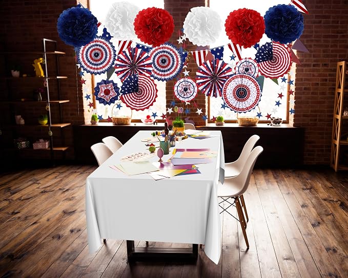 27 Pcs 250th Anniversary Party Decoration, 6 Pcs Disposable Tablecloth 21 Hanging Paper Fan, Pom Poms Flower, Garland String Polka Dot and Triangle Flag Set for 4th of July Patriotic Independence Day