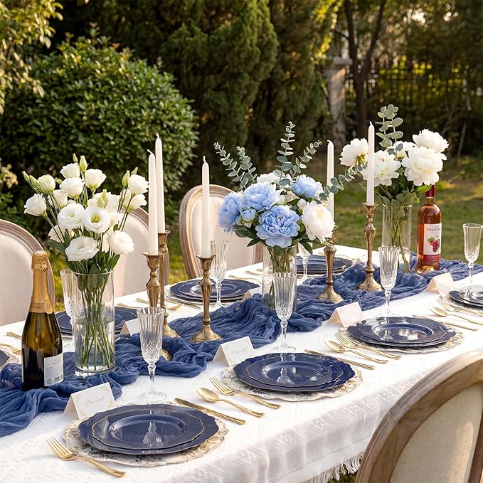 WDF 100pcs Blue Plastic Plates - Baroque Blue&Gold Disposable Plates for Parties/Wedding-50Plastic Dinner Plates 10.25in, 50Salad Plates 7.5in for Party/Birthday/Wedding/Graduation