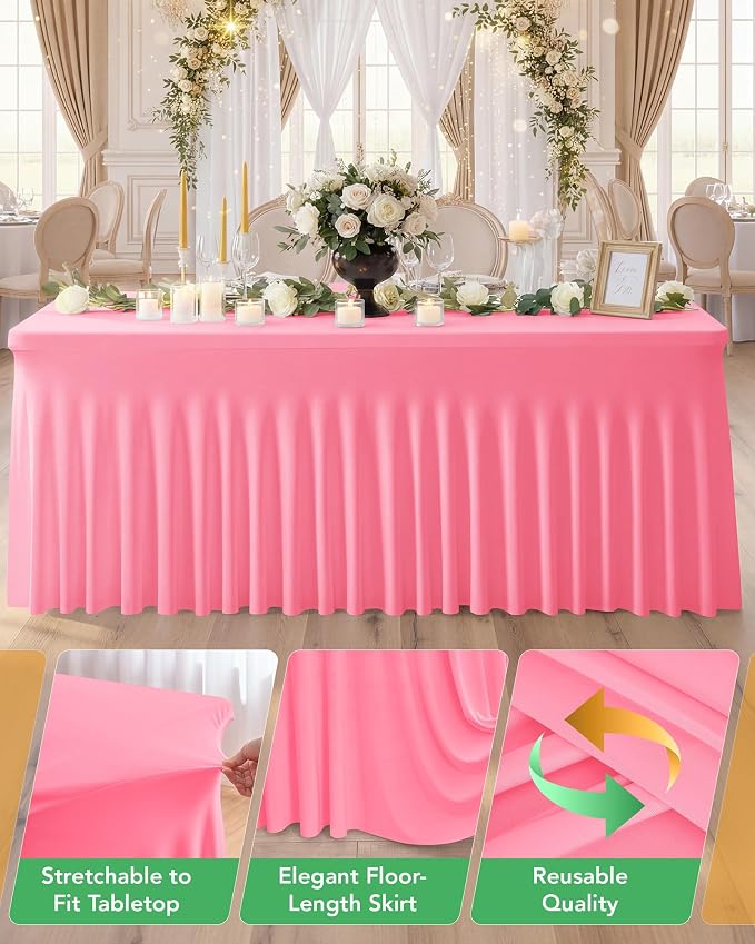 4 Pack Spandex Table Cover Skirts for 6ft Rectangle Tables, Pink Stretch Table Cloths with Floor-Length Ruffle, Elastic Fitted Skirted Tablecloth for Elegant Wedding Banquet Party Buffet Decoration