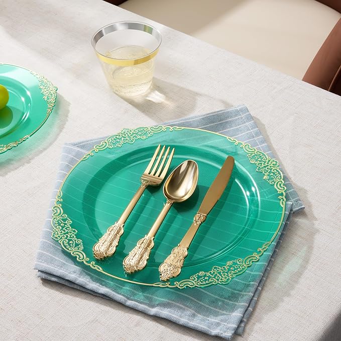 Goodluck 250 PCS Vintage Translucent Green & Gold Rim Plastic Plates with Cutlery Set - Serves 50 - Heavy Duty Elegant Disposable Dinnerware for St Patricks Day, Safari, Christmas