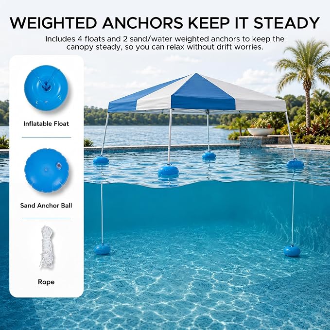 SUNJOY 10x10 FT Floating Pool Canopy Pop Up Gazebo, Gray and Navy Water Tent with Steel & Aluminum Frame, PVC Floats, Hand Pump & Carry Bag for Lake, Beach, Pool