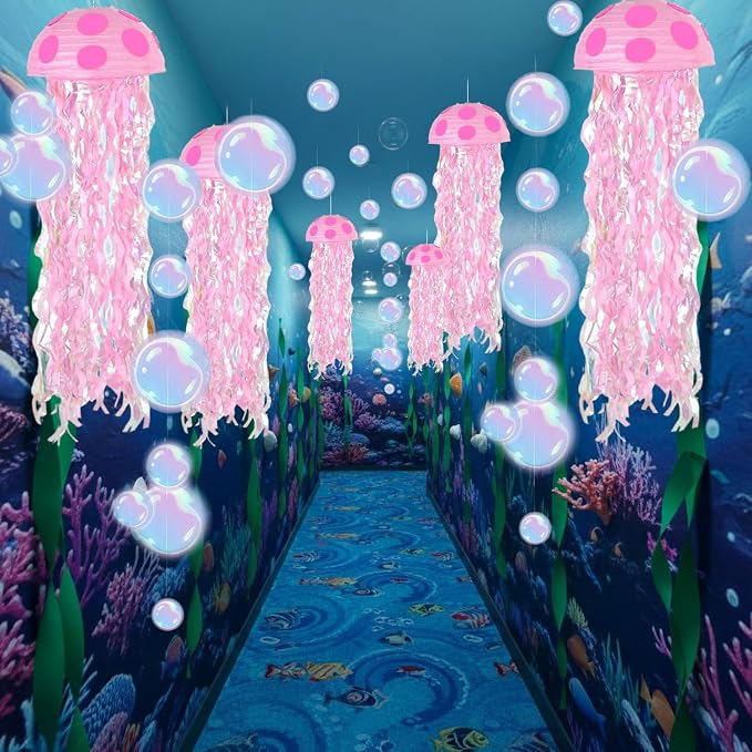 18 Pcs Under The Sea Party Decorations-6 Pcs 10'' Hanging Jellyfish Paper Lanterns -Crepe Paper Bubble Garlands for Mermaid Birthday Decorations Shower Ocean Theme Classroom & Beach Room Decor Pink