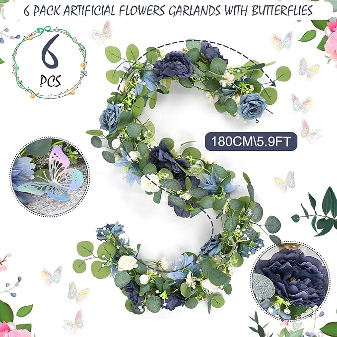 Eucalyptus Garland with Flowers - 6 Pack 5.9 FT Fake Flower Garland with Butterflies Faux Rose Greenery Garlands for Wedding Table Backdrop Arch Centerpieces Decorations - Navy Blue