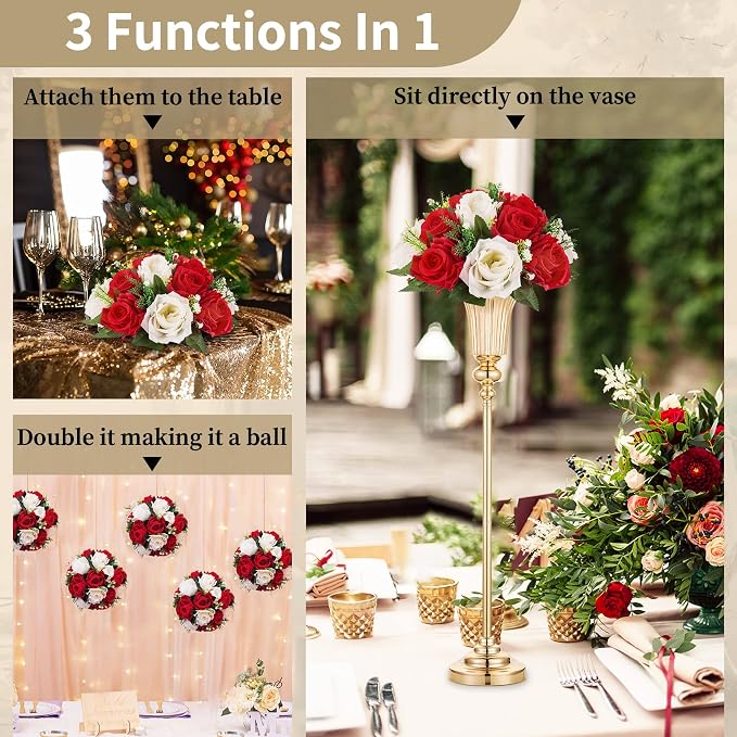 NUPTIO Flower Balls Centerpieces for Wedding Tables, Red & White Roses | 2 Pcs Artificial Silk Floral Arrangements, for Birthday Party, Housewarming, Thanksgivng, Christmas Decorations