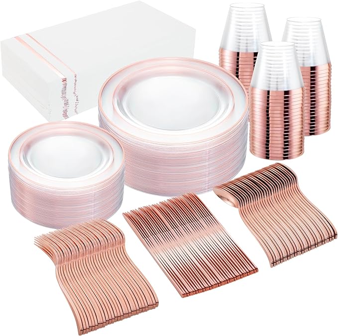 GATHER 350PCS Rose Gold Plastic Plates - Disposable Rose Gold Dinnerware Includes 100 Clear Rose Golds Rimmed Plastic Plates, 150 Silverware, 50 Napkins, 50 Cups for Party, Wedding, Mother's Day