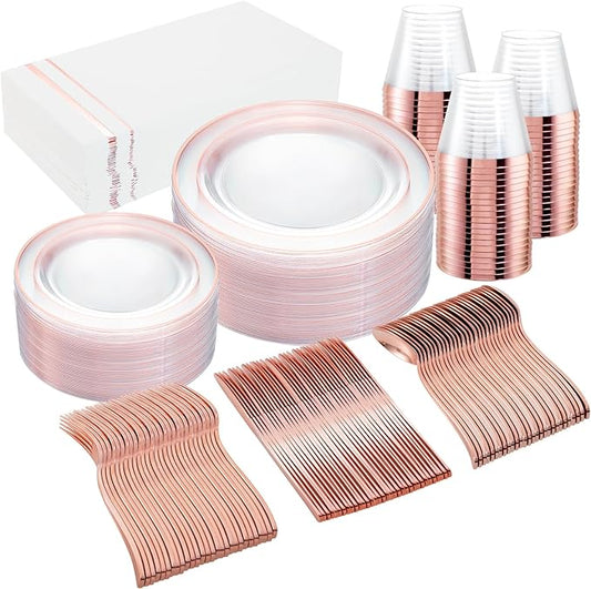 GATHER 350PCS Rose Gold Plastic Plates - Disposable Rose Gold Dinnerware Includes 100 Clear Rose Golds Rimmed Plastic Plates, 150 Silverware, 50 Napkins, 50 Cups for Party, Wedding, Mother's Day