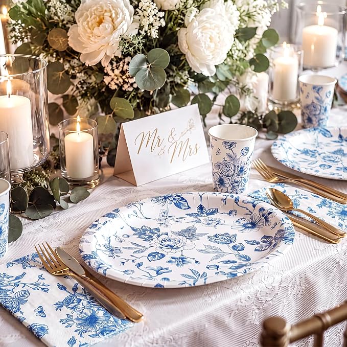 Vesici 150 Pcs Blue Floral Party Supplies 10'' x 12'' Large Oval Paper Plate Napkin Cup Set Vintage Blue White Floral Tableware Disposable Heavy Duty Plate Birthday Wedding Bridal Shower Decoration