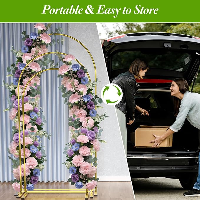 Metal Arch Backdrop Stand Set of 3 (6ft/6.6ft/7.2ft) - Gold Wedding Arch Frame for Ceremony, Birthday, Baby Shower & Party Decor, Ideal for Balloons, Flowers & Photo Shoots Indoor Outdoor