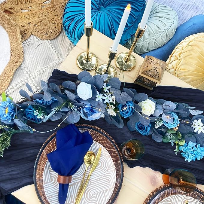 3 Pack Navy Blue Cheesecloth Table Runner 10FT Boho Gauze Cheese Cloth Table Runner Blue for Wedding Party Baby Shower Birthday Home Decor Holiday Decorations