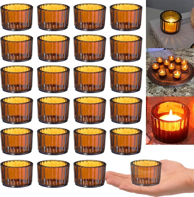GOLDEAL Amber Tealight Candle Holder,Set of 24 Thick Glass,Tea Light Holders Bulk,Votive Candle Holders,for Wedding Table Decor,Party Supplies,Bridal/Baby Shower Decorations,Centerpieces for Tables