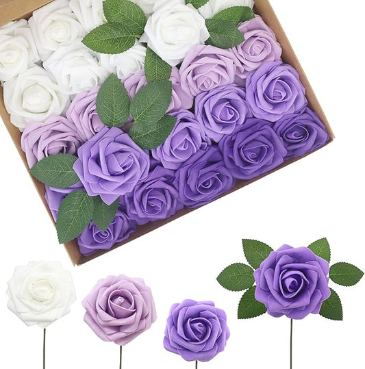 JOYLEX Artificial Flowers Realistic Roses, 100pcs Real Looking Fake Roses with Stem for DIY Wedding Bouquets Centerpieces Bridal Shower Party Home Romantic Decorations (Shades of Purple)