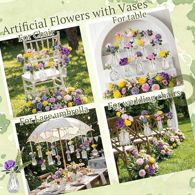 36 Pcs Artificial Flowers Table Centerpiece with Vases Colorful Wildflower Centerpieces Silk Flower Arrangement for Wedding Baby Shower Table Centerpieces Party(Elegant Grace,Clear)